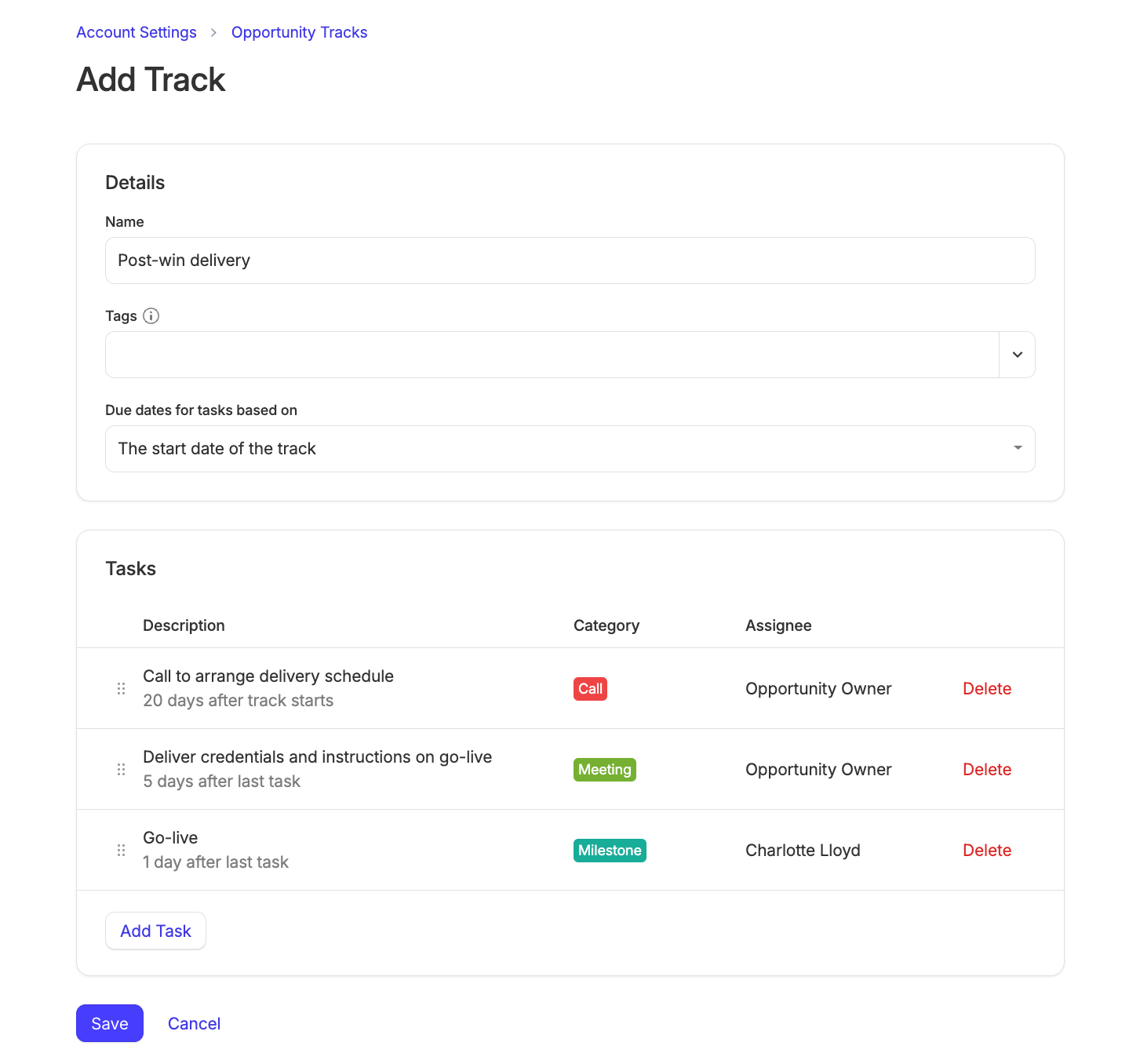 Options to edit opportunity track