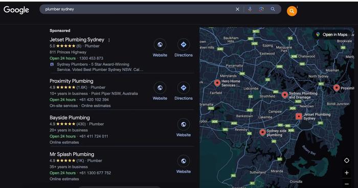 Google search for plumber in Sydney.