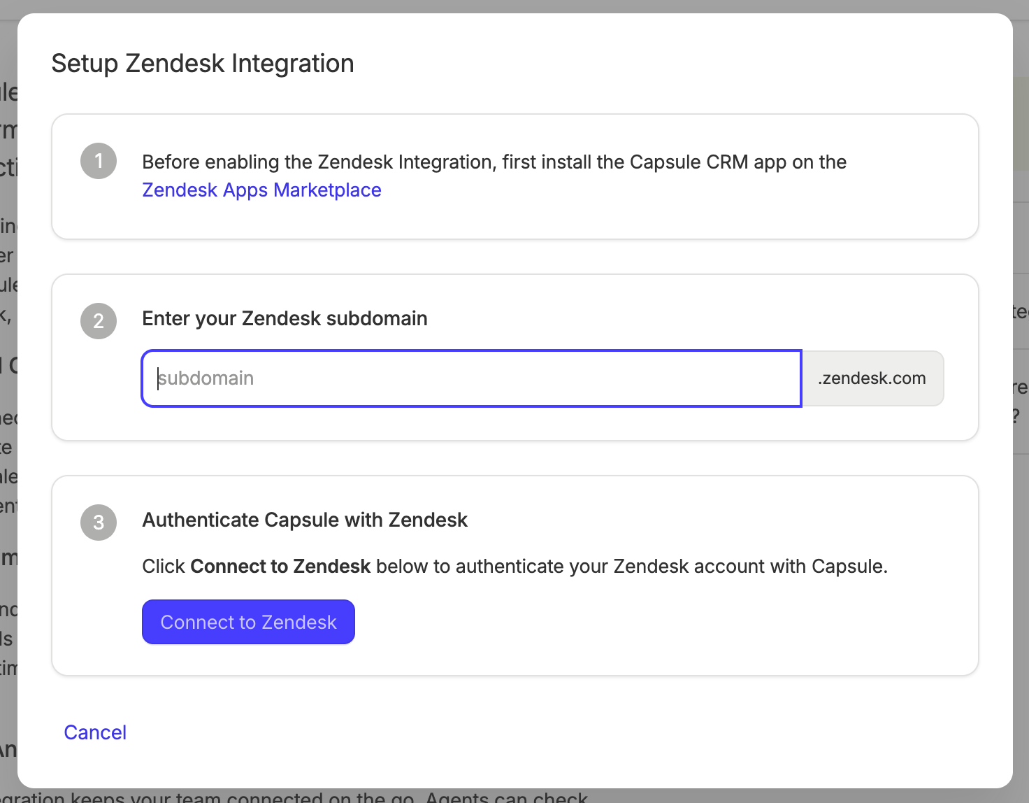 nueva página de configuración para la integración de Zendesk mediante OAuth