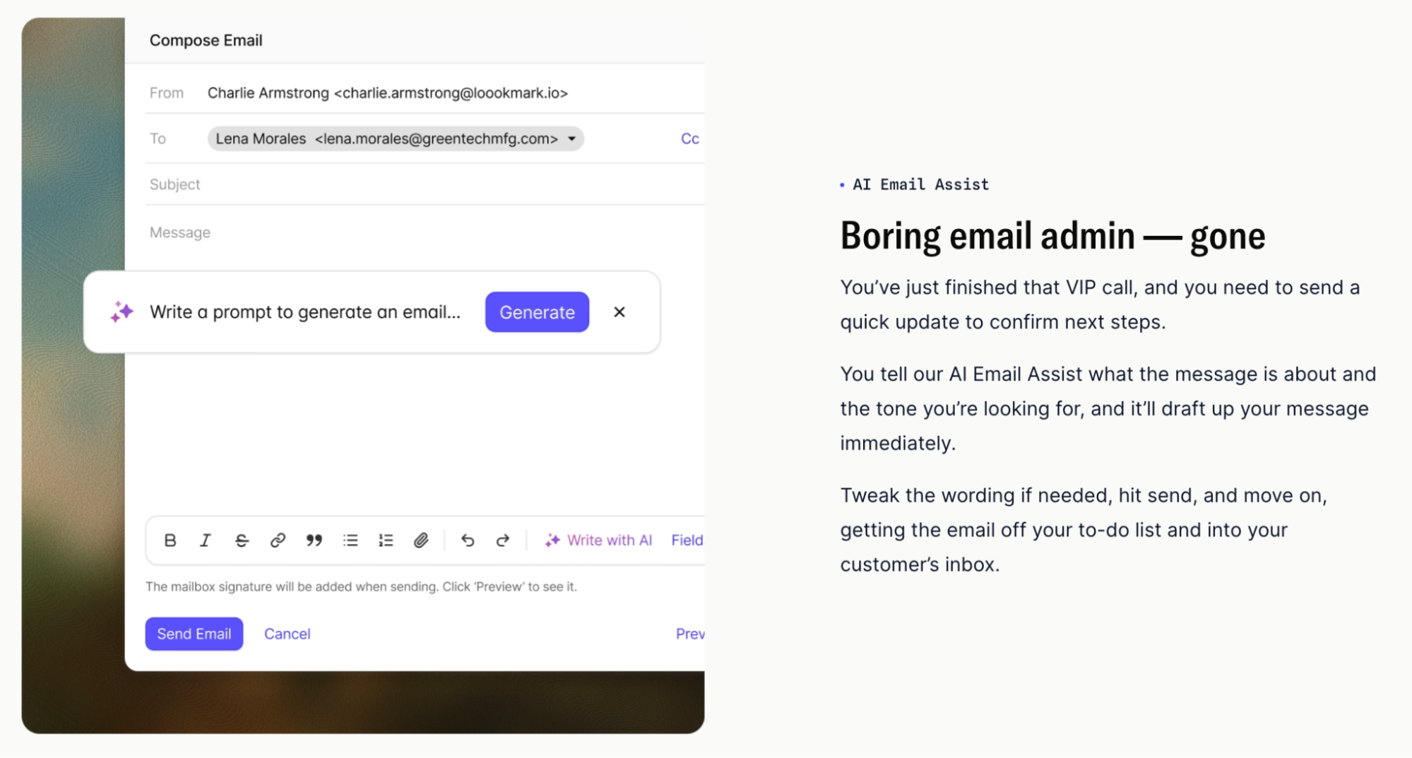 Email composer with an AI email generation prompt and text explaining the "AI Email Assist" feature.