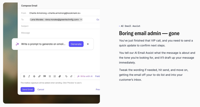 Email composer with an AI email generation prompt and text explaining the "AI Email Assist" feature.