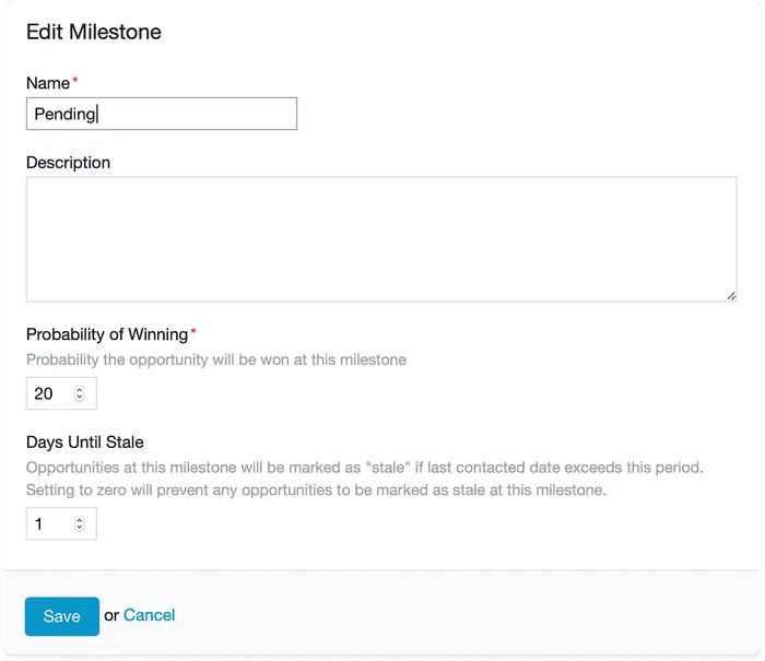 a screen shot of the edit milestone page