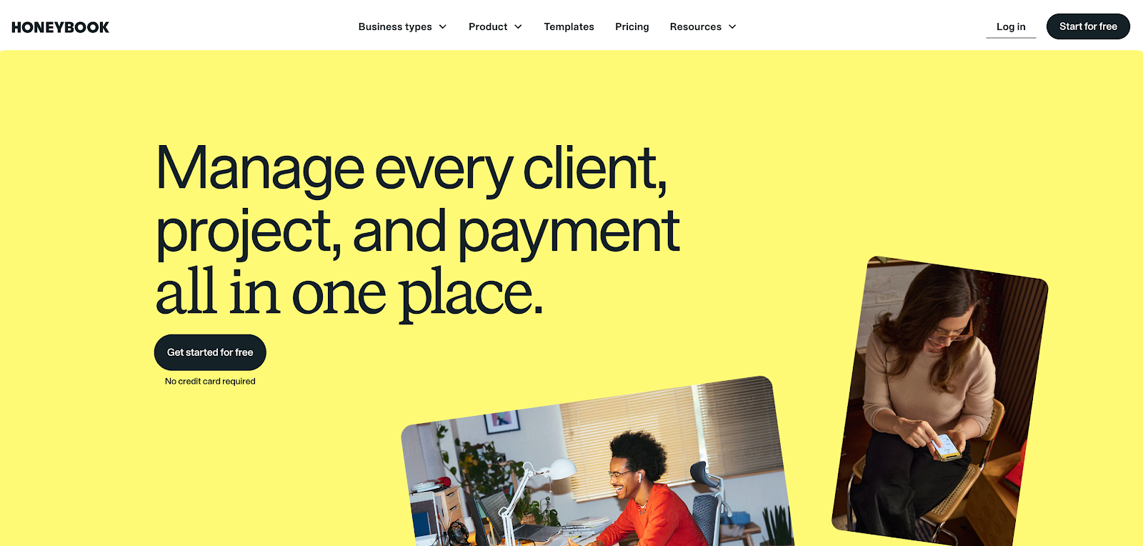Honeybook website with headline 'Manage every client, project, and payment all in one place' and two images of people working.