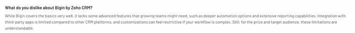 Review of Bigin noting its lack of advanced automation, limited third-party integrations, and restricted customization for complex workflows.