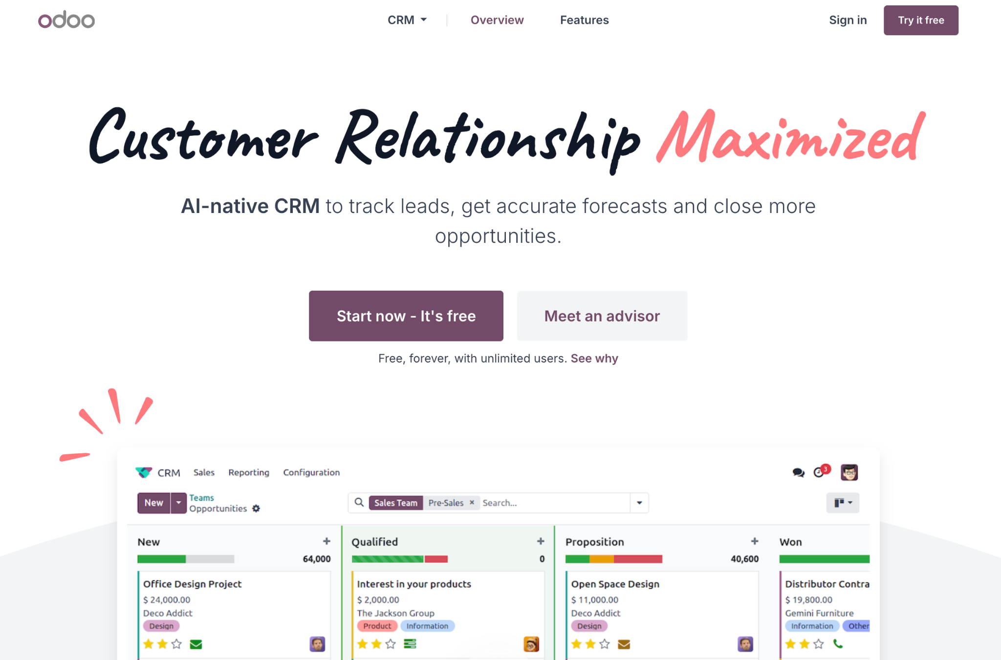 Odoo CRM landing page showing "Customer Relationship Maximized" and a Kanban board of sales opportunities.