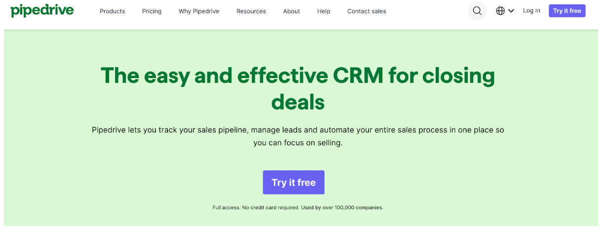 Pipedrive landing page