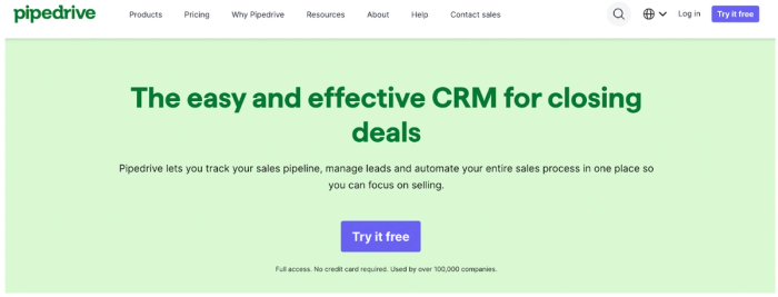 Pipedrive landing page