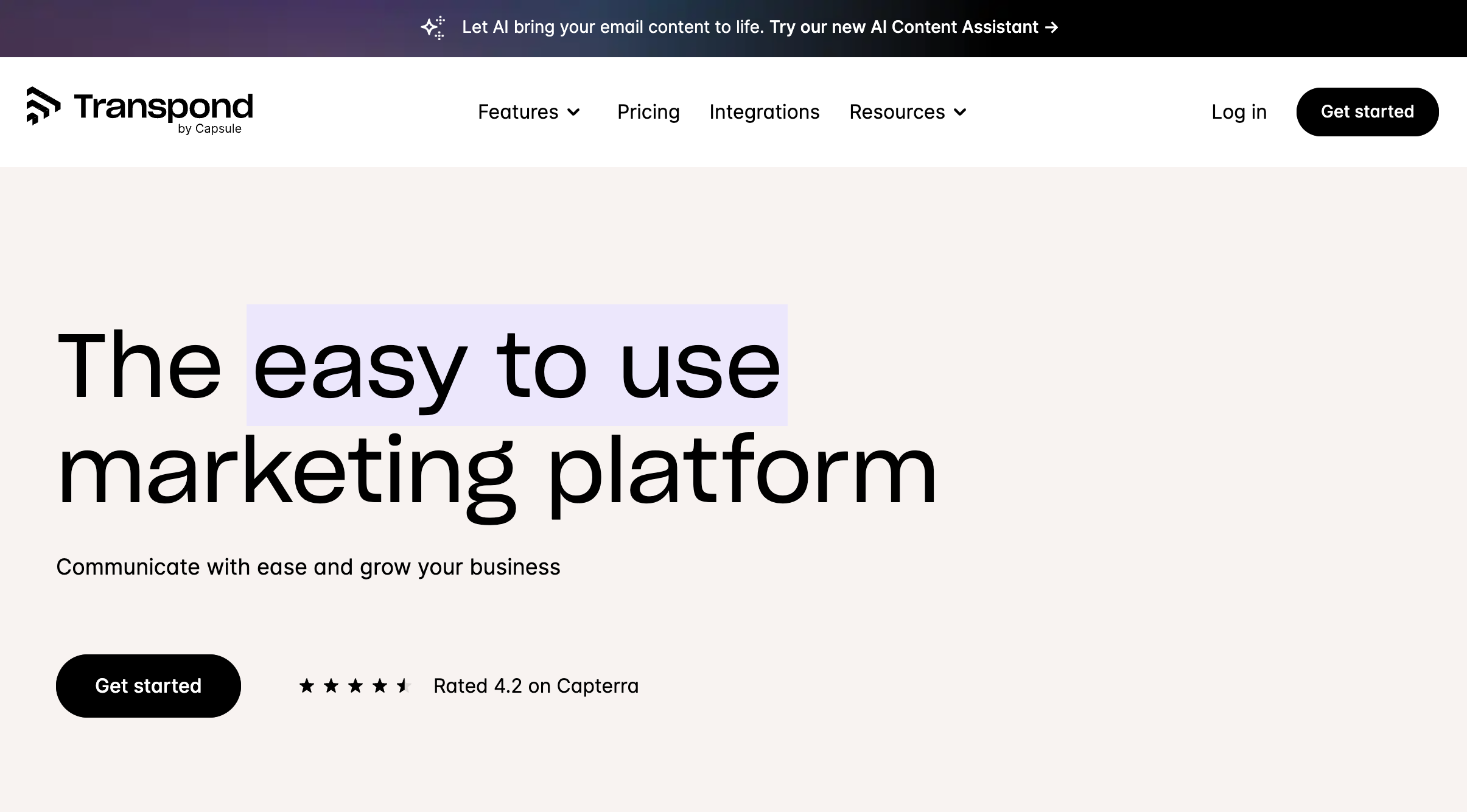 Screenshot of Transpond's website home page reads 'the easy to use marketing platform. Communicate with ease and grow your business.'