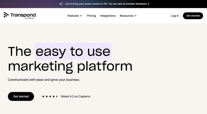 Screenshot of Transpond's website home page reads 'the easy to use marketing platform. Communicate with ease and grow your business.'