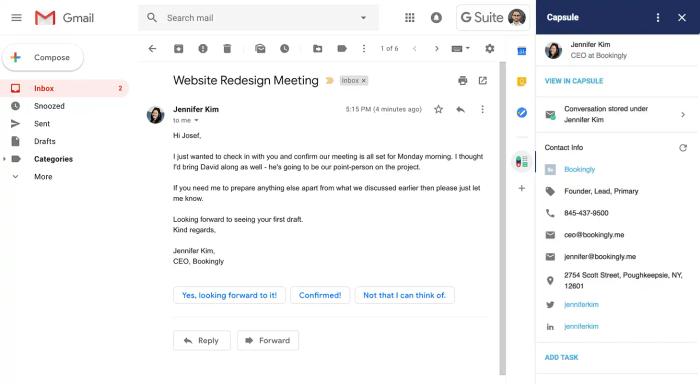 une capture d'écran d'un message Gmail avec la barre latérale Capsule ouverte sur le côté droit