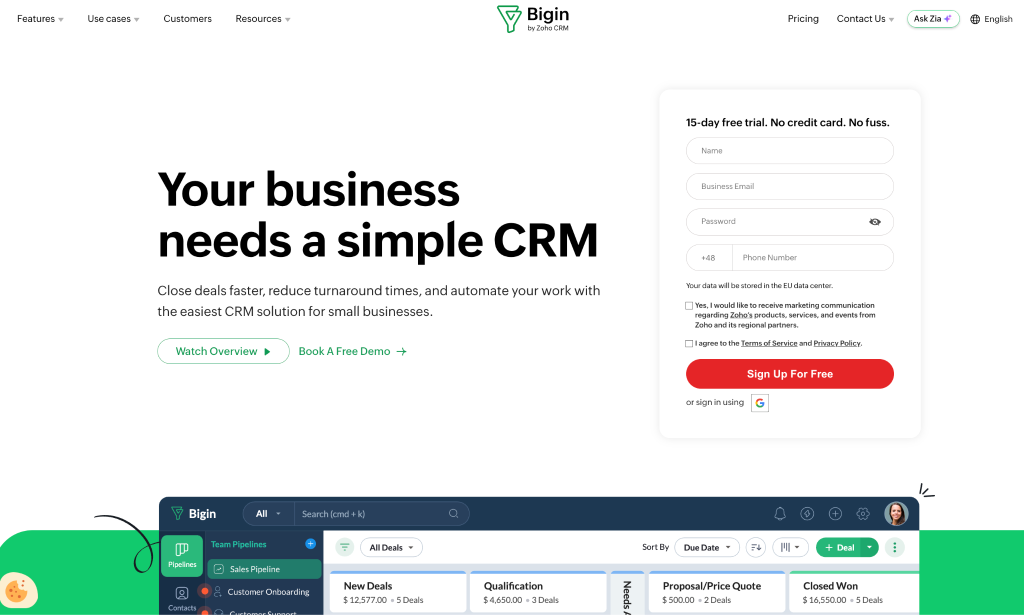 Bigin by Zoho CRM landing page