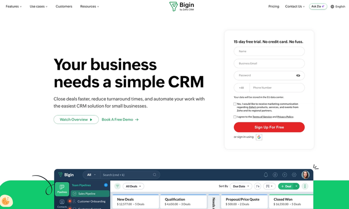 Bigin by Zoho CRM landing page