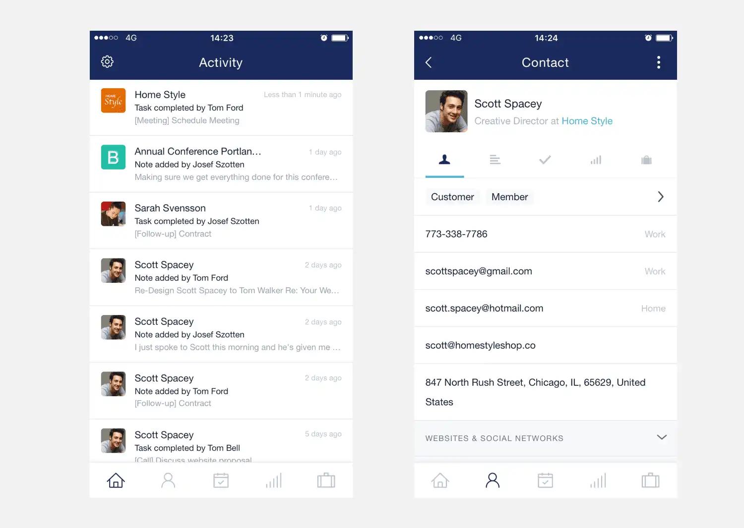 CRM mobile app screens showing activity feed and contact details.