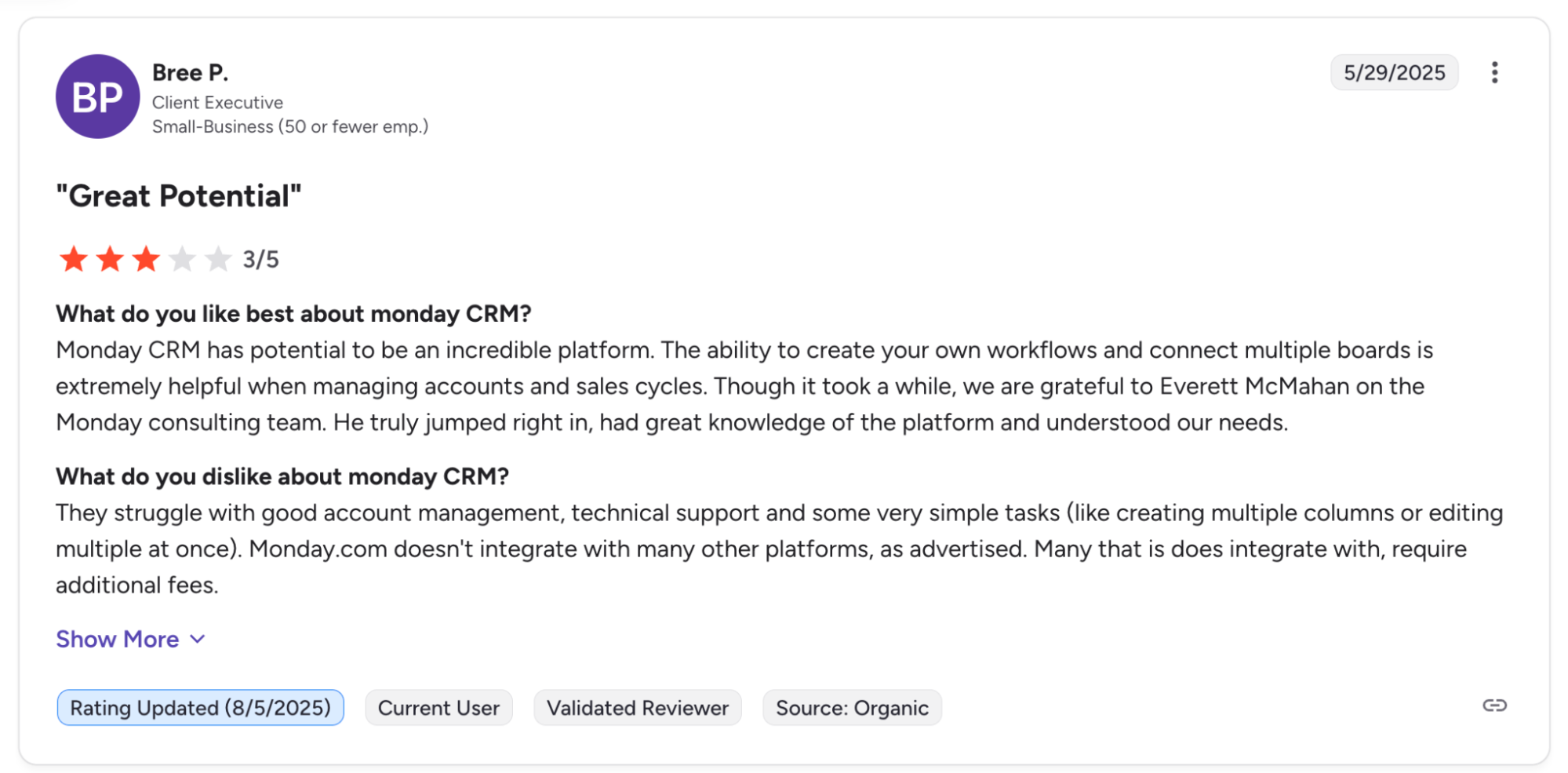 monday CRM review with mixed feedback on workflows and support.
