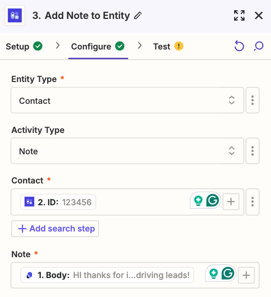 showing the note fields, including ID and message body included