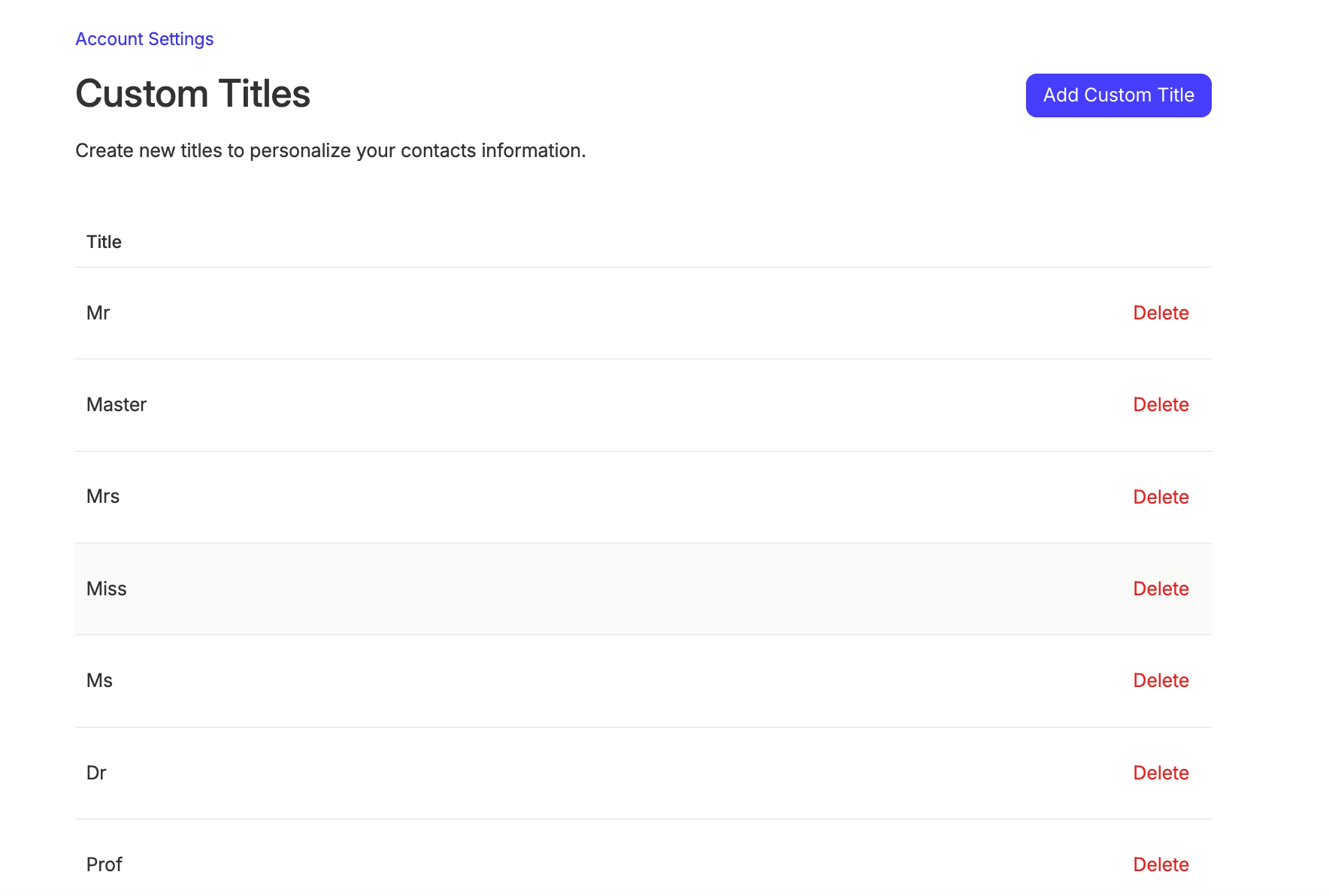 how to add a custom title in account settings