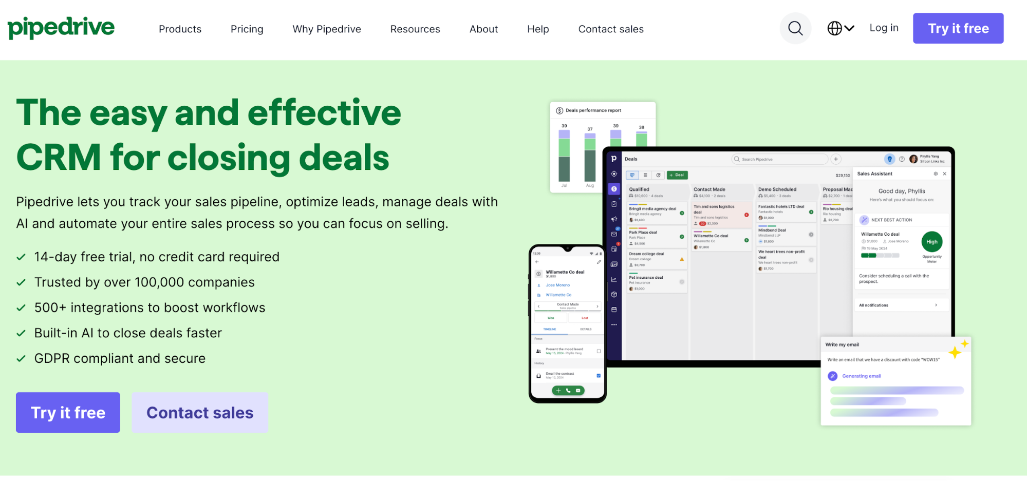a screenshot of the homepage for pipdrive