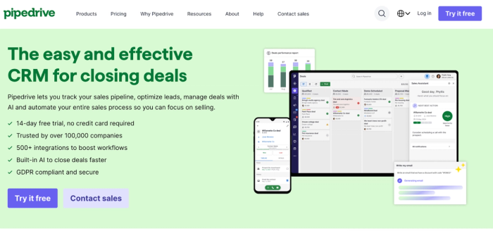 a screenshot of the homepage for pipdrive