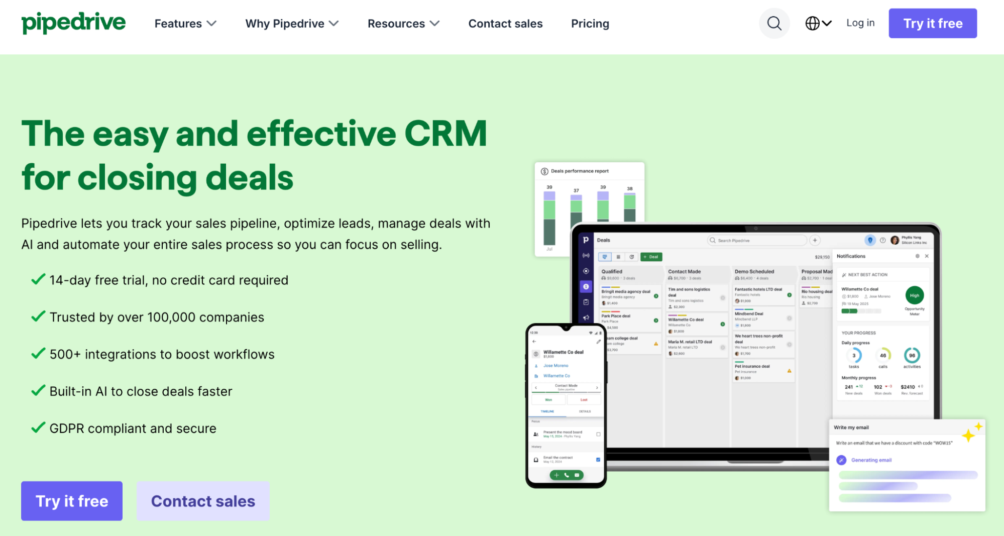 Pipedrive CRM homepage displaying its sales pipeline software on a laptop and mobile, with the headline 'The easy and effective CRM for closing deals'.