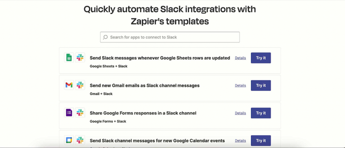 List of apps to connect with Slack using Zapier's templates
