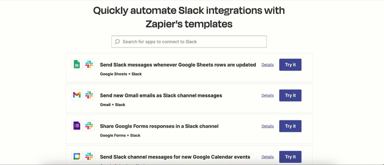 List of apps to connect with Slack using Zapier's templates