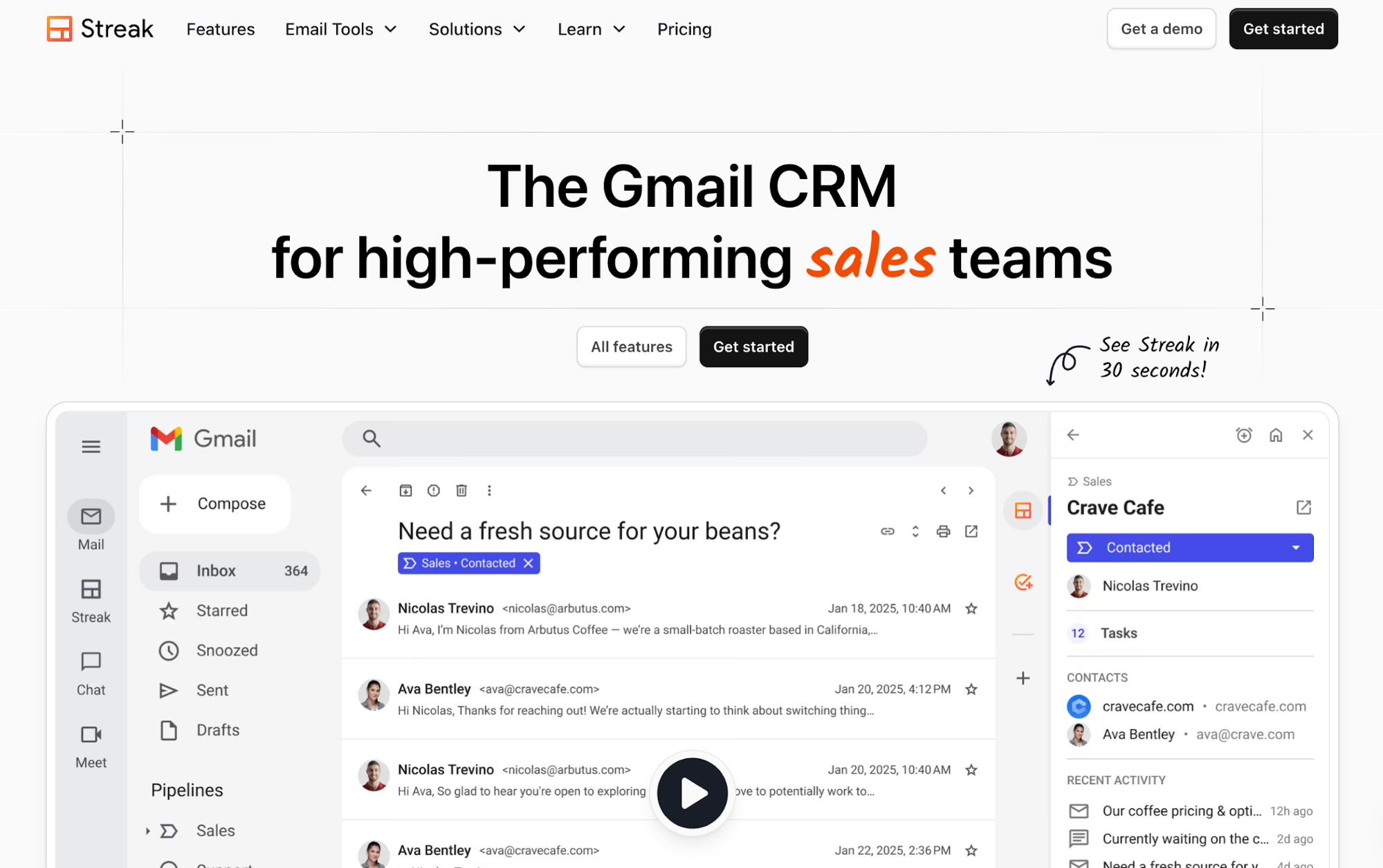 a screenshot of the gmail crm for high performing sales teams