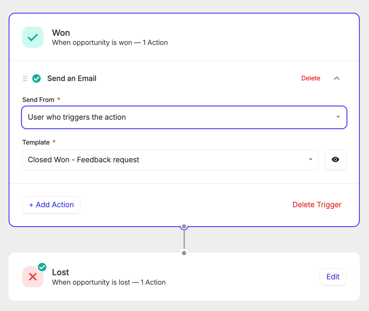 Screenshot shows the stages to configure when creating a capsule workflow automation to Log a reason for won or lost business