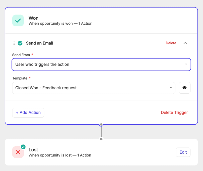 Screenshot shows the stages to configure when creating a capsule workflow automation to Log a reason for won or lost business