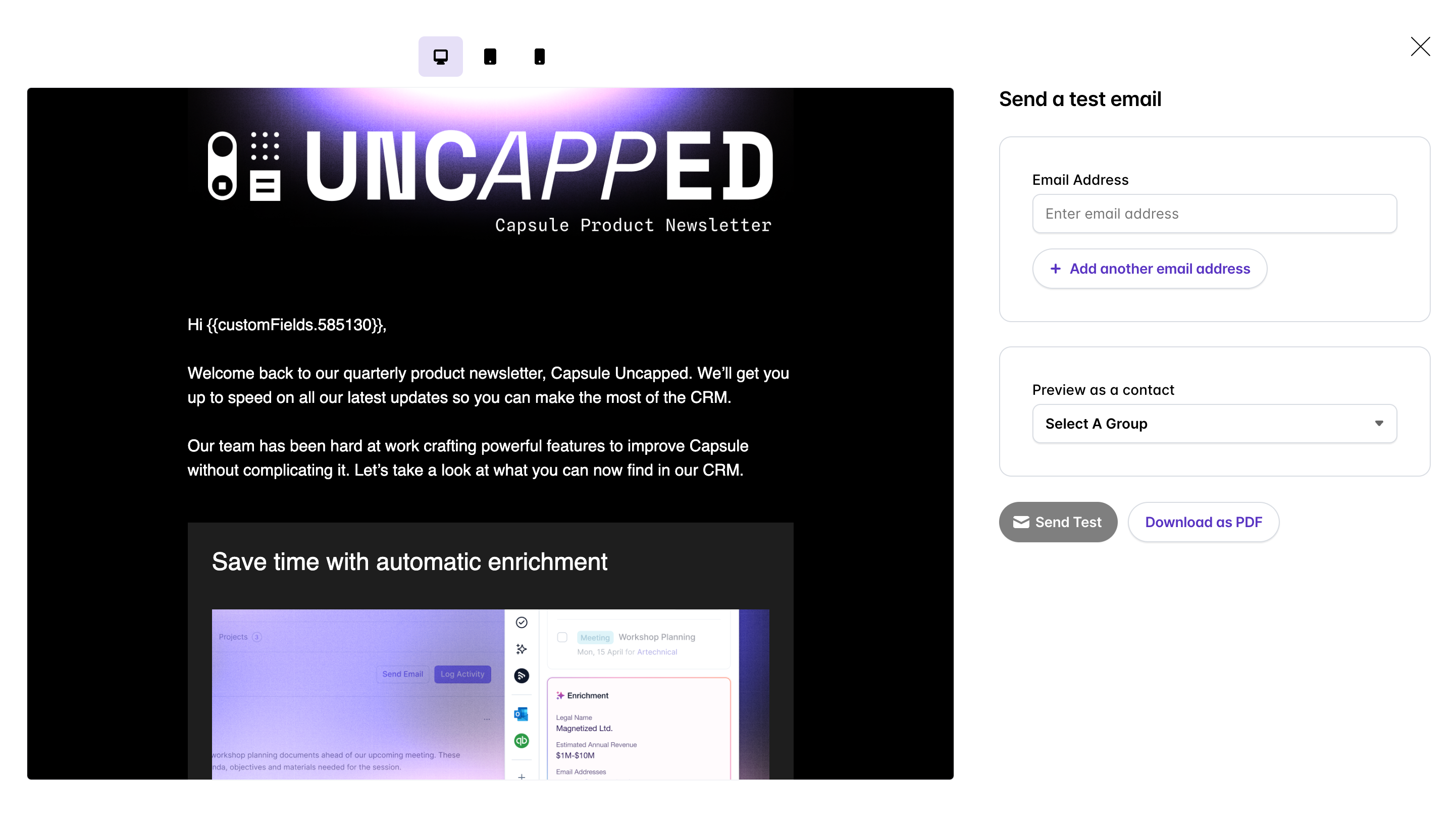 The screenshot shows an example of a branded template in Transpond