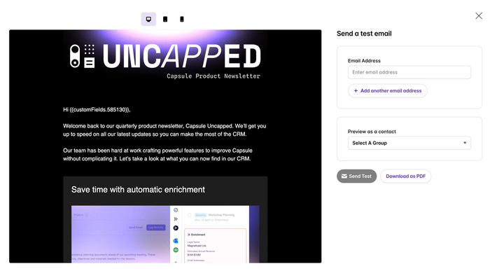 The screenshot shows an example of a branded template in Transpond