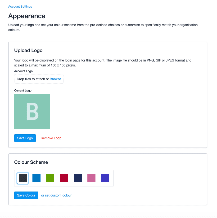 Página de apariencia de cuenta completa con logo de bookingly subido