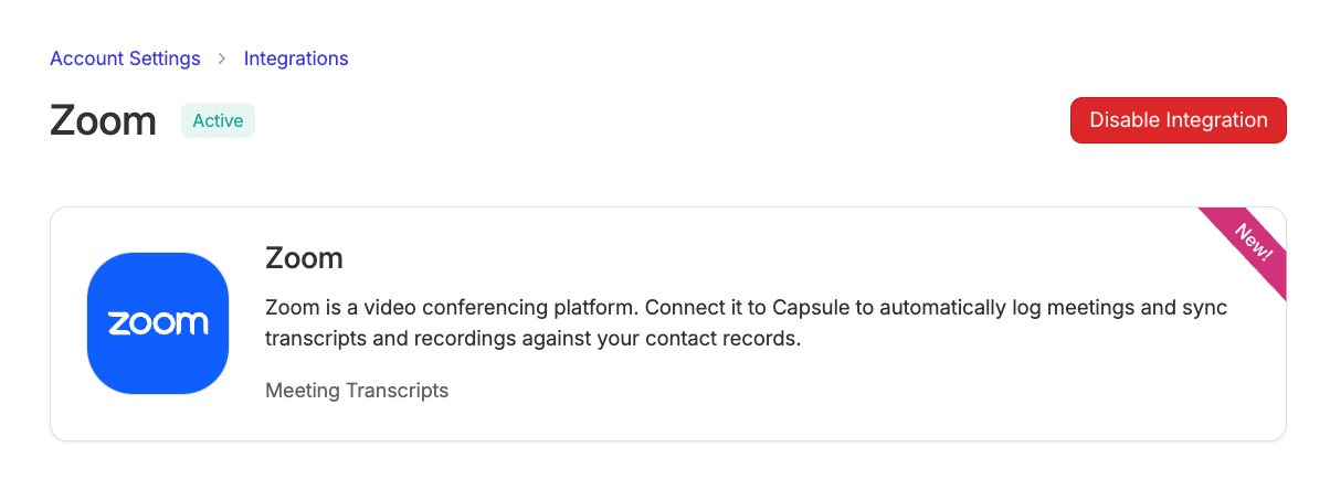disable integration button for zoom in capsule account settings