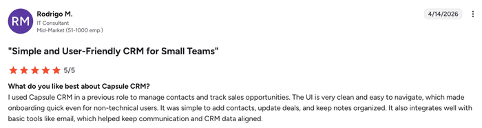 A 5-star review for Capsule CRM by Rodrigo M., an IT Consultant, titled "Simple and User-Friendly CRM for Small Teams," praising its ease of use and clean UI.