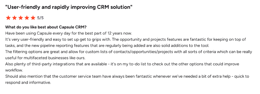 a review for capsule crm says that it is user friendly and rapidly improving crm solution
