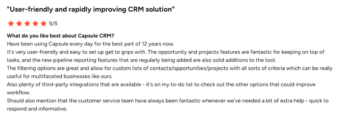a review for capsule crm says that it is user friendly and rapidly improving crm solution