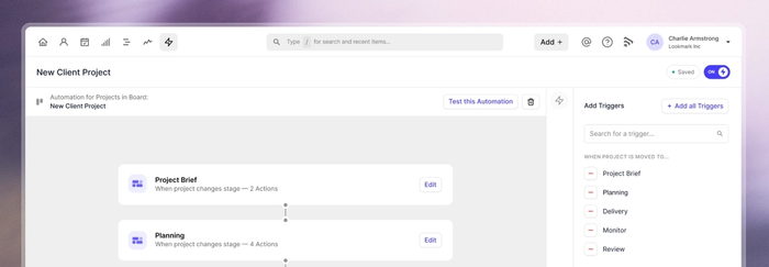 Project management software displaying an automation setup, showing project stages like Project Brief and Planning, and options to add triggers.