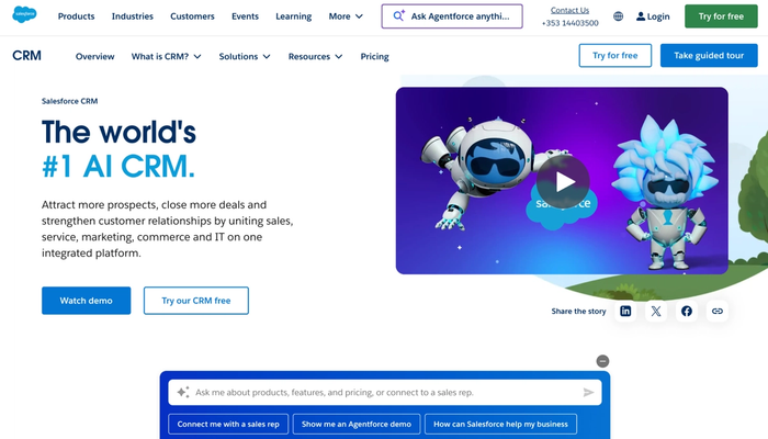 Salesforce CRM homepage displaying 'The world's #1 AI CRM' headline and a video featuring two animated robot mascots.