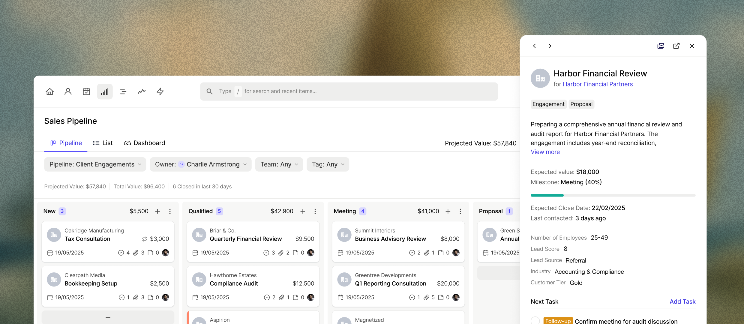 A Capsule CRM sales pipeline giving a clear view of which architectural projects are worth pursuing.