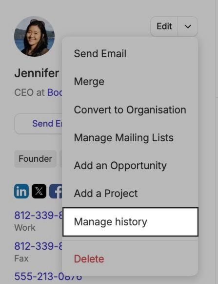 Showing the Contact action menu with manage history option highlighted