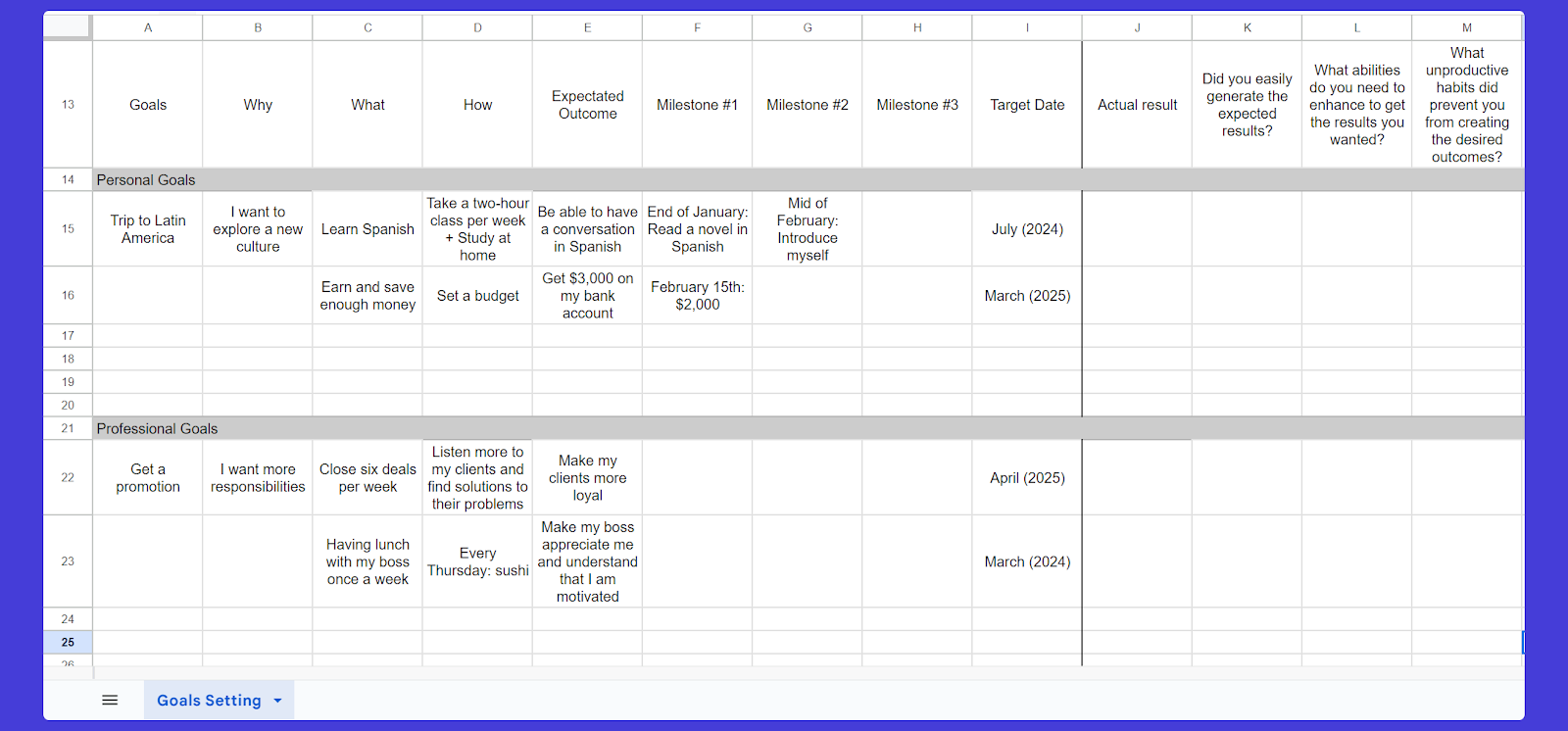 Personal goal planner Google Sheets template