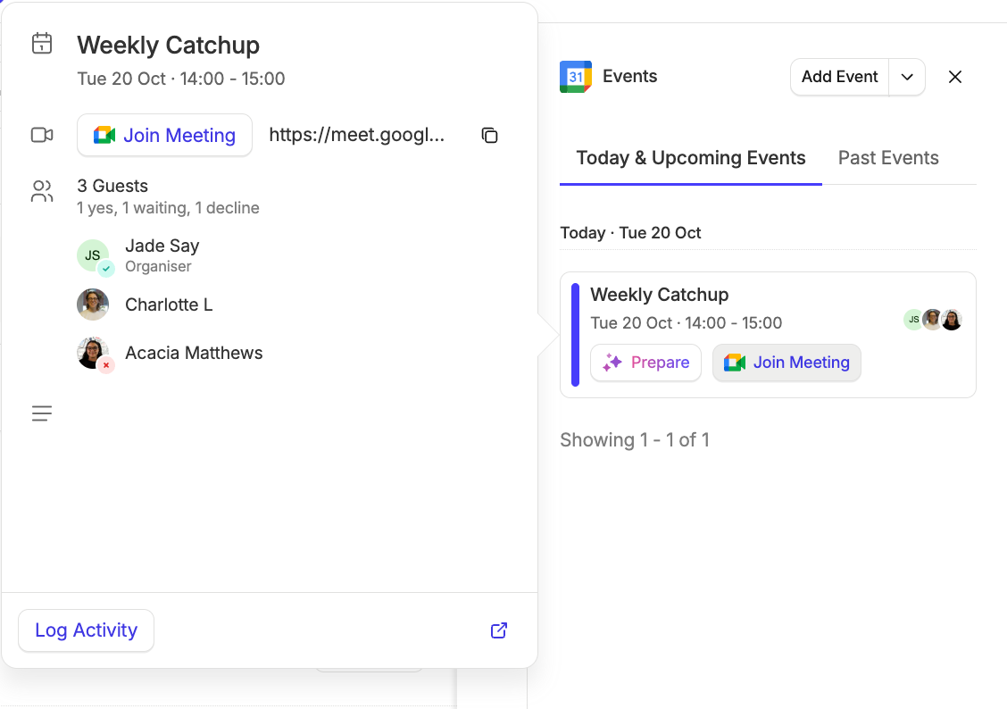 botão para entrar na reunião ao passar o cursor sobre um evento que tenha um link associado do Zoom ou do Google Meet