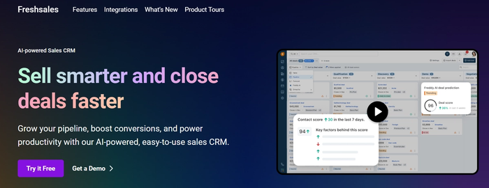 Freshsales AI-powered sales CRM homepage featuring the slogan "Sell smarter and close deals faster" and a screenshot of the software's dashboard with a video play button.