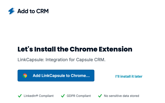 A screenshot shows the sign up process for Add to CRM. It shows an "Add LinkCapsule to Chrome" button at the second stage of setup