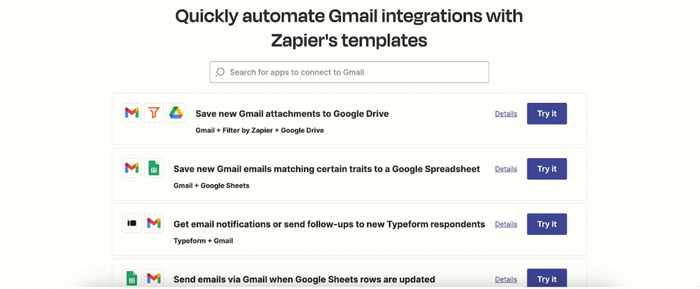List of apps to connect with Gmail using Zapier's templates