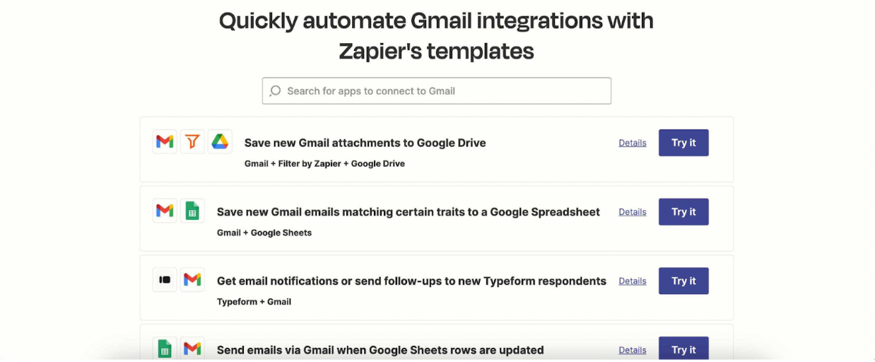 List of apps to connect with Gmail using Zapier's templates