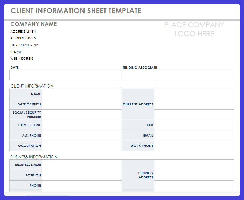 Client information Google Sheet template.