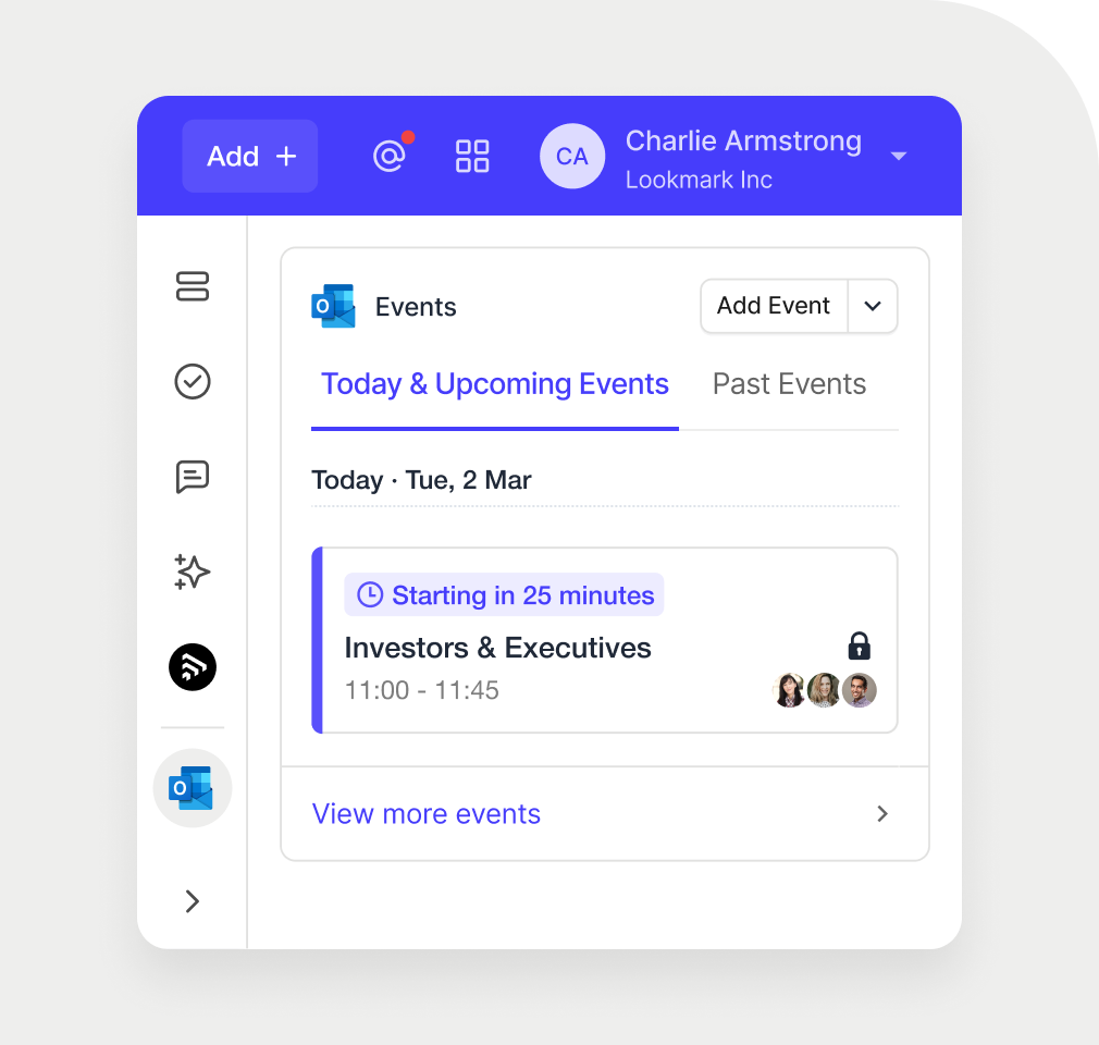 image shows the Outlook widget in the sidebar appearing alongside a contact record in capsule crm. the highlight imminent meeting is related to the contact record the user is viewing