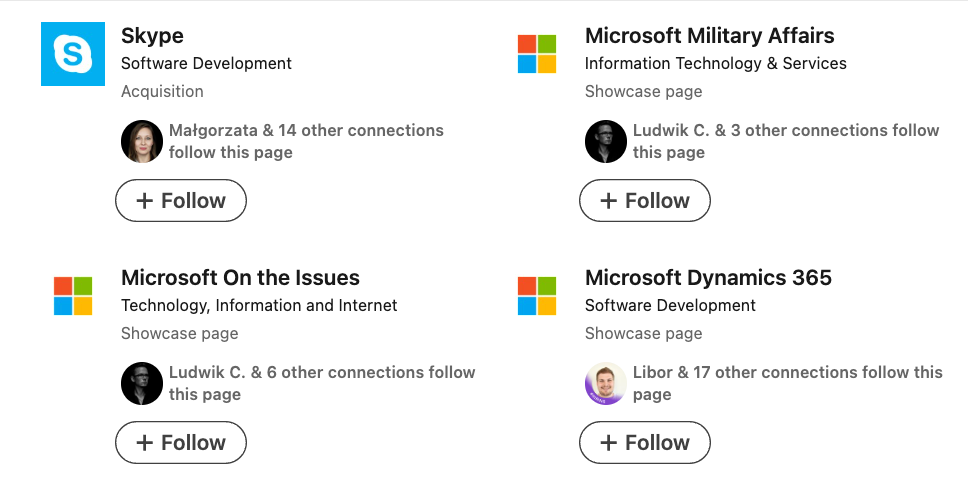 LinkedIn company page suggestions with follow buttons.