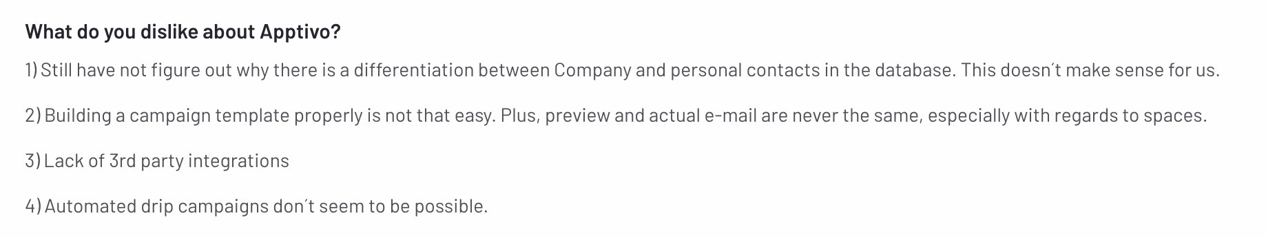 Bullet-point review listing user frustrations with Apptivo including poor contact distinction, difficult campaign templates, and lack of automation and integrations.