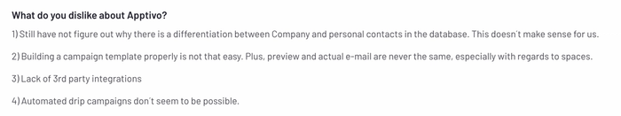 Bullet-point review listing user frustrations with Apptivo including poor contact distinction, difficult campaign templates, and lack of automation and integrations.